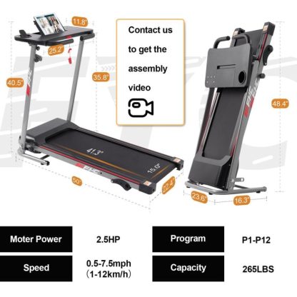 Cycling |  2.5 HP Black Steel Foldable Electric Treadmill with Safety Key, LCD Display, Pad or Phone Holder and 3 Level Inclines Cycling Cycling