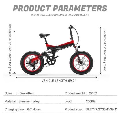 Cycling |  20″ 1000W Foldable Electric Bicycle with 48V 15Ah Battery for Adult Cycling Black+Grey/Black+Red/Black+Yellow