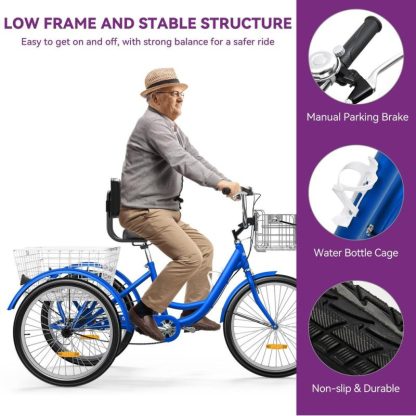 Cycling |  24″ /26″Blue Adult Tricycle 3 Wheel Bikes 1 Speed Trike Bike Cycling Cycling