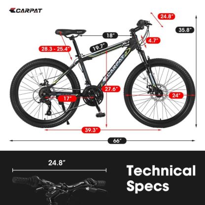 Cycling |  24 Inch Mountain Bike Boys Girls, Steel Frame, Shimano 21 Speed Mountain Bicycle with Daul Disc Brakes and Front Suspension MTB Cycling Cycling