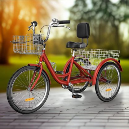 Cycling |  24″/26″ Matte Red Adult Tricycle 7 Speed Trike Bike with Shimano Shifting with Removable Baskets Cycling Cycling