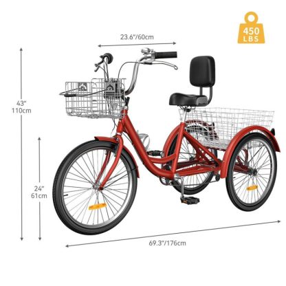 Cycling |  24″/26″ Matte Red Adult Tricycle 7 Speed Trike Bike with Shimano Shifting with Removable Baskets Cycling Cycling