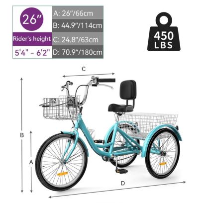 Cycling |  24″/26″ Mint Green Adult Tricycle 3 Wheel Bikes 1 Speed Trike Bike Cycling Cycling