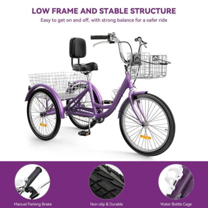 Cycling |  24″Purple Adult Tricycle 3 Wheel Bikes 1 Speed Trike Bike – 24″ Cycling Cycling