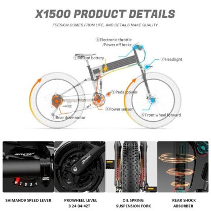 Cycling |  26″ 1500W Foldable Electric Mountain Bicycle 48V 12.8Ah Battery Cycling Cycling