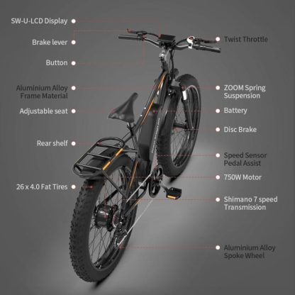 Cycling |  26″ 750W Electric Bike P7 48V 13AH Removable Lithium Battery for Adult Cycling Black