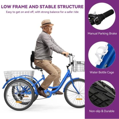 Cycling |  26″ Blue 7 Speed Adult Tricycle 3 Wheel Bikes with Removable Baskets Cycling Cycling