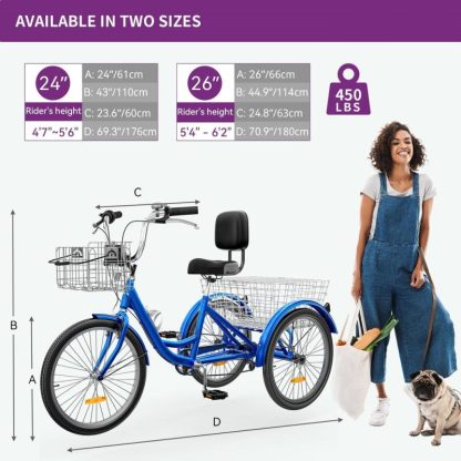 Cycling |  26″ Blue 7 Speed Adult Tricycle 3 Wheel Bikes with Removable Baskets Cycling Cycling