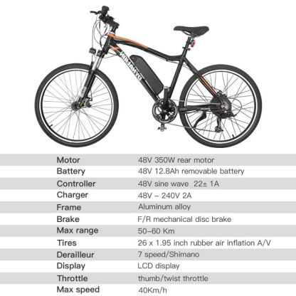 Cycling |  26 In Mountain Bicycle with Removable Battery and Aluminum Alloy Frame Cycling Black