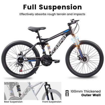 Cycling |  Ecarpat Mountain Bike 24 Inch Wheels, 21-Speed Full Suspension Trail Commuter City Mountain Bike, Carbon Steel Frame Cycling Cycling