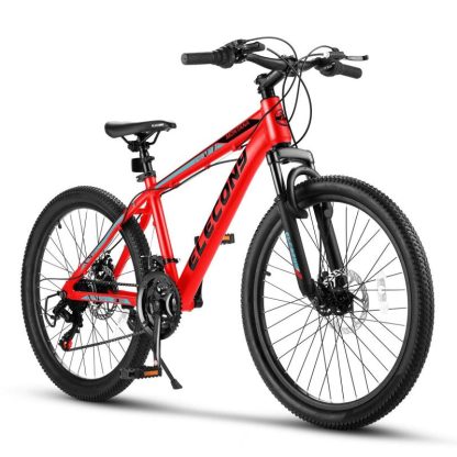 Cycling |  Elecony 24 Inch Adults Mountain Bike with Aluminium Frame, Shimano 21-Speed with Disc Brake, Red Cycling Cycling