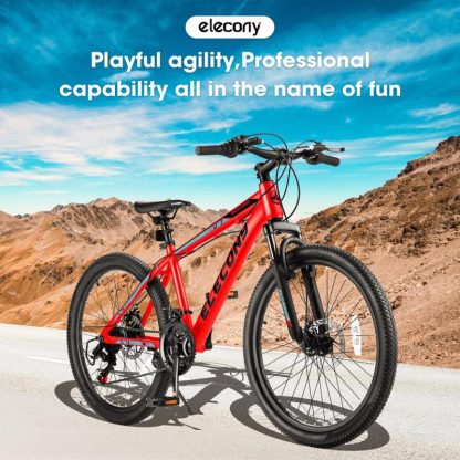 Cycling |  Elecony 24 Inch Adults Mountain Bike with Aluminium Frame, Shimano 21-Speed with Disc Brake, Red Cycling Cycling