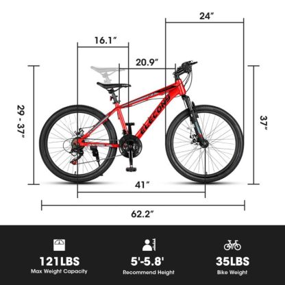 Cycling |  Elecony 24 Inch Adults Mountain Bike with Aluminium Frame, Shimano 21-Speed with Disc Brake, Red Cycling Cycling