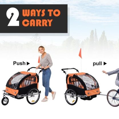 Cycling |  Elite 2-Seat Kid Bicycle Trailer / Jogger with Windows and Canopy, Includes Coupler Attachment, Orange / Black Cycling Cycling