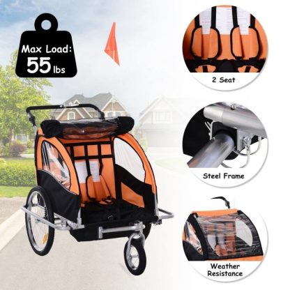 Cycling |  Elite 2-Seat Kid Bicycle Trailer / Jogger with Windows and Canopy, Includes Coupler Attachment, Orange / Black Cycling Cycling