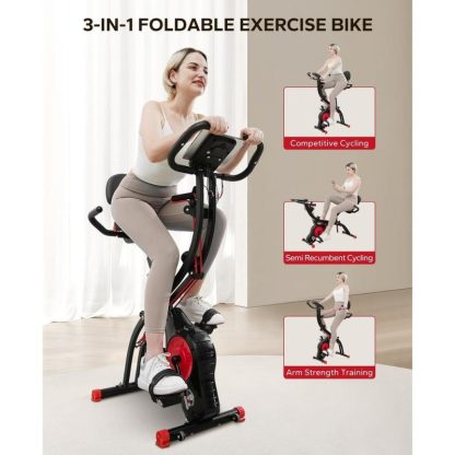 Cycling |  Folding Exercise Bike Magnetic Foldable Stationary Bike, Upright Workout X-Bike with 8-Level Resistance and Arm Resistance Band Cycling Cycling