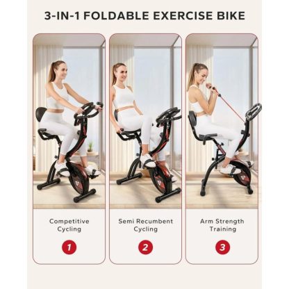 Cycling |  Folding Exercise Bike Magnetic Foldable Stationary Bike, Upright Workout X-Bike with 8-Level Resistance and Arm Resistance Band Cycling Cycling