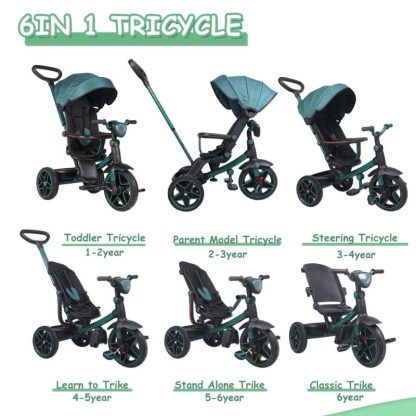 Cycling |  Kids’ Tricycle,Baby Tricycle,6 in 1 Trike with Retractable Canopy,Adjustable Push Handle,Rotatable Seat ,Detachable Guardrail Cycling Cycling