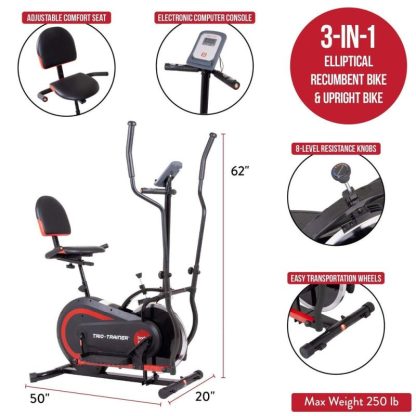 Cycling |  PATENTED 3 in 1 Exercise Machine, Elliptical with Seat Back Cushion, Upright Cycling, and Reclined Bike Modes, Cycling Cycling