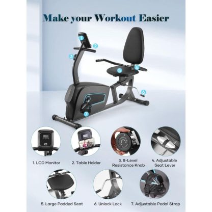 Cycling |  Recumbent Exercise Bike for Home Stationary Bike, 8 Levels Magnetic Exercise Bike Heart Rate Handle & iPad Holde Exercise Bike Cycling Cycling