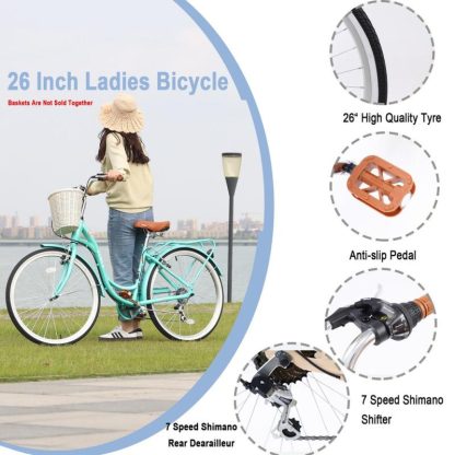 Cycling |  Youth/Adult Beach Comfort Bike, 26-Inch Wheels, 7 Speed Bicycles, Multiple Colors for Female Cycling Cycling