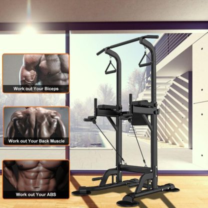 Home Gyms |  Multifunction Power Tower Dip Bar Station Strength Training Tower Pull Up Bar Stand for Home Gym – 29″W x 35.4″D x 59-90.6″H Home Gyms Home Gyms