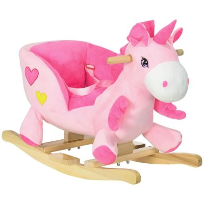 Home Gyms |  Qaba Baby Rocking Horse, Ride on Unicorn with 32 Songs, Toddler Rocker Toy with Wooden Base Seat Safety Belt for 1.5-3 Year Old Home Gyms Home Gyms