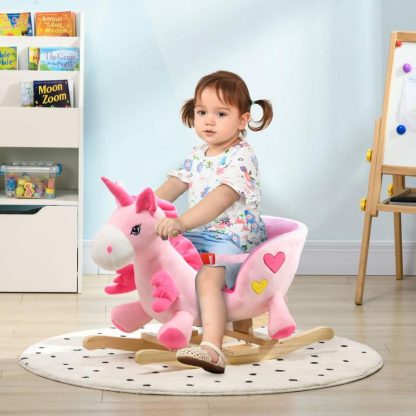 Home Gyms |  Qaba Baby Rocking Horse, Ride on Unicorn with 32 Songs, Toddler Rocker Toy with Wooden Base Seat Safety Belt for 1.5-3 Year Old Home Gyms Home Gyms