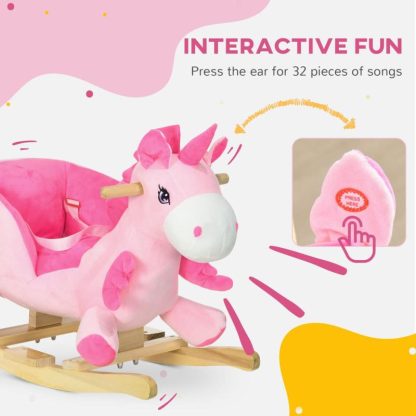 Home Gyms |  Qaba Baby Rocking Horse, Ride on Unicorn with 32 Songs, Toddler Rocker Toy with Wooden Base Seat Safety Belt for 1.5-3 Year Old Home Gyms Home Gyms