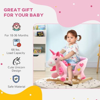 Home Gyms |  Qaba Baby Rocking Horse, Ride on Unicorn with 32 Songs, Toddler Rocker Toy with Wooden Base Seat Safety Belt for 1.5-3 Year Old Home Gyms Home Gyms