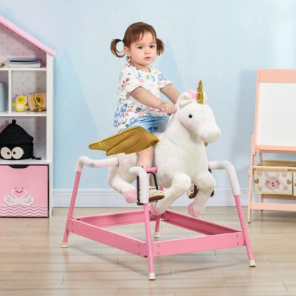 Home Gyms |  Qaba Spring Rocking Horse, Kids Ride on Horse for 5-12 Years, Ride on Toy with Sound, Unicorn Design, Pink Home Gyms Home Gyms