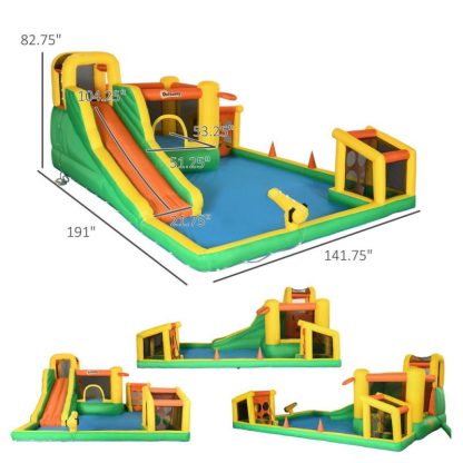 Inflatable Bounce Houses |  7 in 1 Inflatable Water Slide with Large Pool, Soccer Goal, Trampoline, Climbing Wall, Basketball Hoop Inflatable Bounce Houses Inflatable Bounce Houses