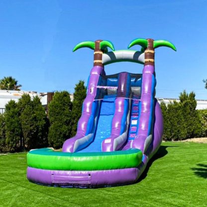 Inflatable Bounce Houses |  Hero Kiddo Purple Tropical 16-Foot Tall Inflatable Slide with Blower Inflatable Bounce Houses Inflatable Bounce Houses