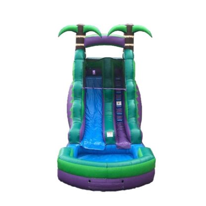 Inflatable Bounce Houses |  Hero Kiddo Purple Tropical 16-Foot Tall Inflatable Slide with Blower Inflatable Bounce Houses Inflatable Bounce Houses