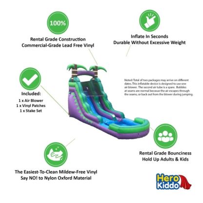 Inflatable Bounce Houses |  Hero Kiddo Purple Tropical 16-Foot Tall Inflatable Slide with Blower Inflatable Bounce Houses Inflatable Bounce Houses