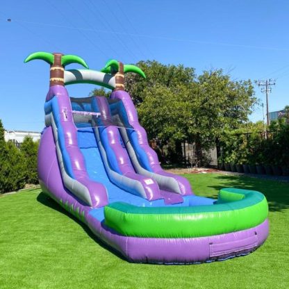 Inflatable Bounce Houses |  Hero Kiddo Purple Tropical 16-Foot Tall Inflatable Slide with Blower Inflatable Bounce Houses Inflatable Bounce Houses