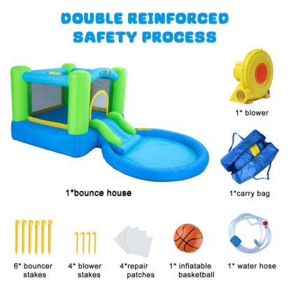 Inflatable Bounce Houses |  Inflatable Bounce House with Blower, Bouncy Castle Waterslide & Pool Bouncer with Repair Kits Basketball Hoop,Green Inflatable Bounce Houses Inflatable Bounce Houses