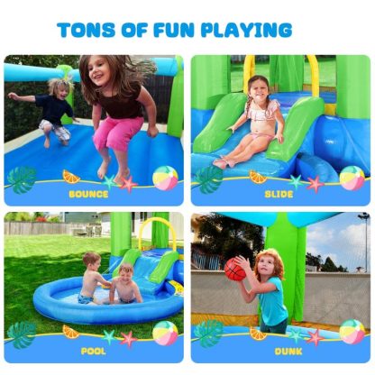 Inflatable Bounce Houses |  Inflatable Bounce House with Blower, Bouncy Castle Waterslide & Pool Bouncer with Repair Kits Basketball Hoop,Green Inflatable Bounce Houses Inflatable Bounce Houses