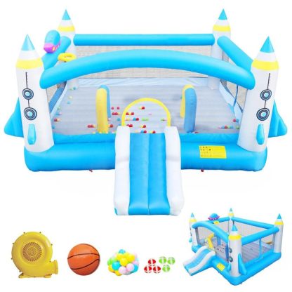 Inflatable Bounce Houses |  Kids Inflatable Bounce House With Long Slide Bouncing Area Basketball Hoop Family Backyard Bouncy Castle – Colorful Inflatable Bounce Houses Colorful