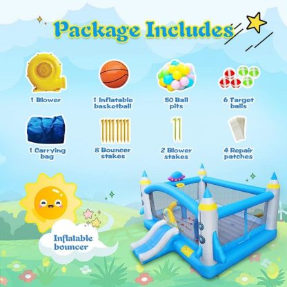 Inflatable Bounce Houses |  Kids Inflatable Bounce House With Long Slide Bouncing Area Basketball Hoop Family Backyard Bouncy Castle – Colorful Inflatable Bounce Houses Colorful