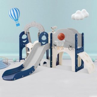 Inflatable Bounce Houses |  Toddler Slide and Swing Set 8 in 1, Basketball Hoop Freestanding Combination for Babies Indoor & Outdoor Inflatable Bounce Houses Grey+Blue/Pink+Grey/Green