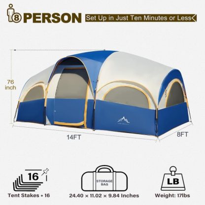 Outdoor Play |  8 Person Tent for Camping, Waterproof Family Tent with Rainfly, Divided Curtain Design for Privacy Space, Portable w/ Carry Bag Outdoor Play Outdoor Play