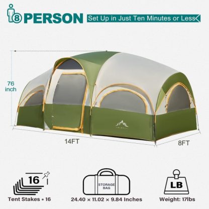 Outdoor Play |  8 Person Tent for Camping, Waterproof Family Tent with Rainfly, Divided Curtain Design for Privacy Space, Portable w/ Carry Bag Outdoor Play Outdoor Play