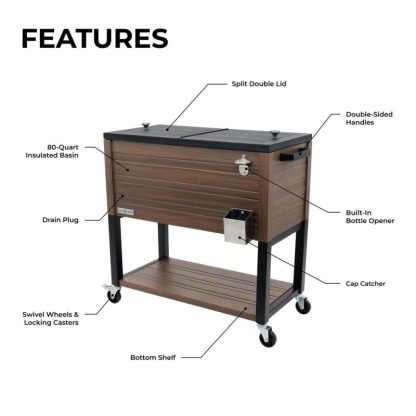 Outdoor Play |  80-Qt Rustic Woodgrain Style Rolling Patio Cooler with Wheels Outdoor Play Brown