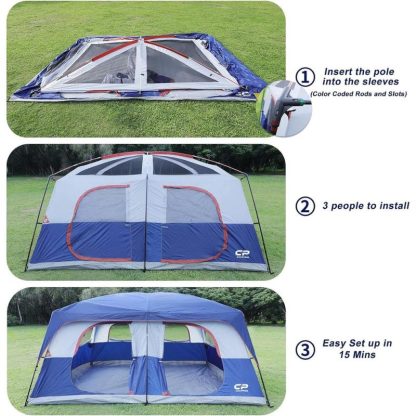 Outdoor Play |  Blue 12-Person Portable 2/3 Room Double Layer Camping Tents with 6 Large Mesh Windows & Divided Curtain Outdoor Play Blue