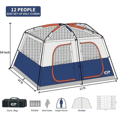 Outdoor Play |  Blue 12-Person Portable 2/3 Room Double Layer Camping Tents with 6 Large Mesh Windows & Divided Curtain Outdoor Play Blue