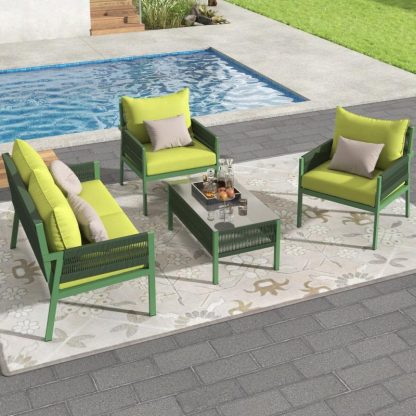 Outdoor Play |  Deep Seating Conversation Set w/ Thick Cushion, All-Weather Rattan Loveseat Sectional Sofa Chairs, 4-Pcs Rope Patio Bistro Set Outdoor Play Outdoor Play