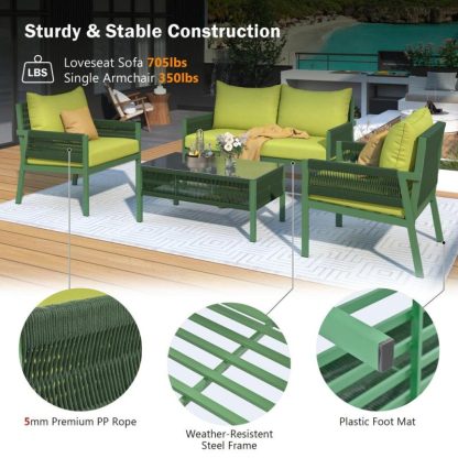 Outdoor Play |  Deep Seating Conversation Set w/ Thick Cushion, All-Weather Rattan Loveseat Sectional Sofa Chairs, 4-Pcs Rope Patio Bistro Set Outdoor Play Outdoor Play