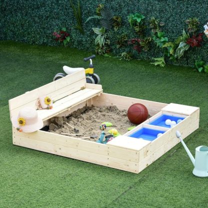 Outdoor Play |  Kids Sandbox with Cover and Storage Buckets, Outdoor Wooden Sandbox – 47.25″ x 47.25″ x 15.75″ Outdoor Play Natural