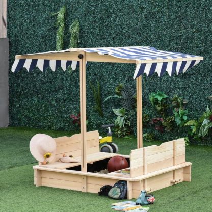 Outdoor Play |  Kids Sandbox with Cover, Outdoor Wooden Sandbox with Canopy – 41.75″ x 41.75″ x 47.75″ Outdoor Play Blue/Green/Red